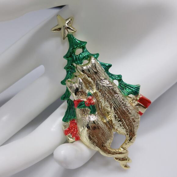 Vintage Signed Christmas Tree & Cats Brooch, Gold Plated, Book Piece - Picture 3 of 10